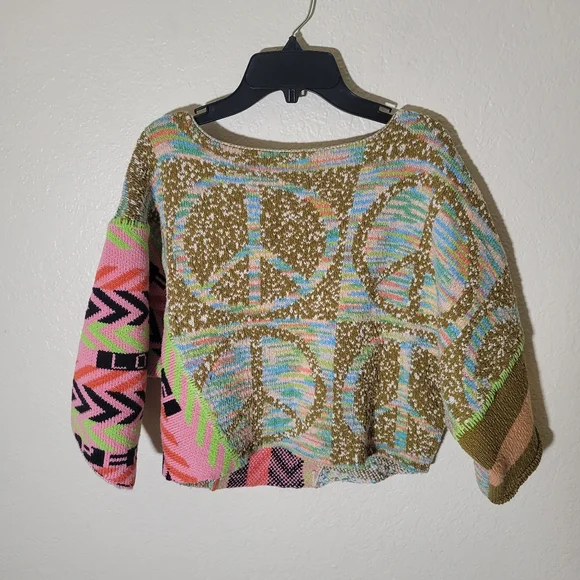 Urban Outfitters | Brianna Intarsia Knit Mixed Print Cropped Sweater Hippie M - Picture 6 of 8